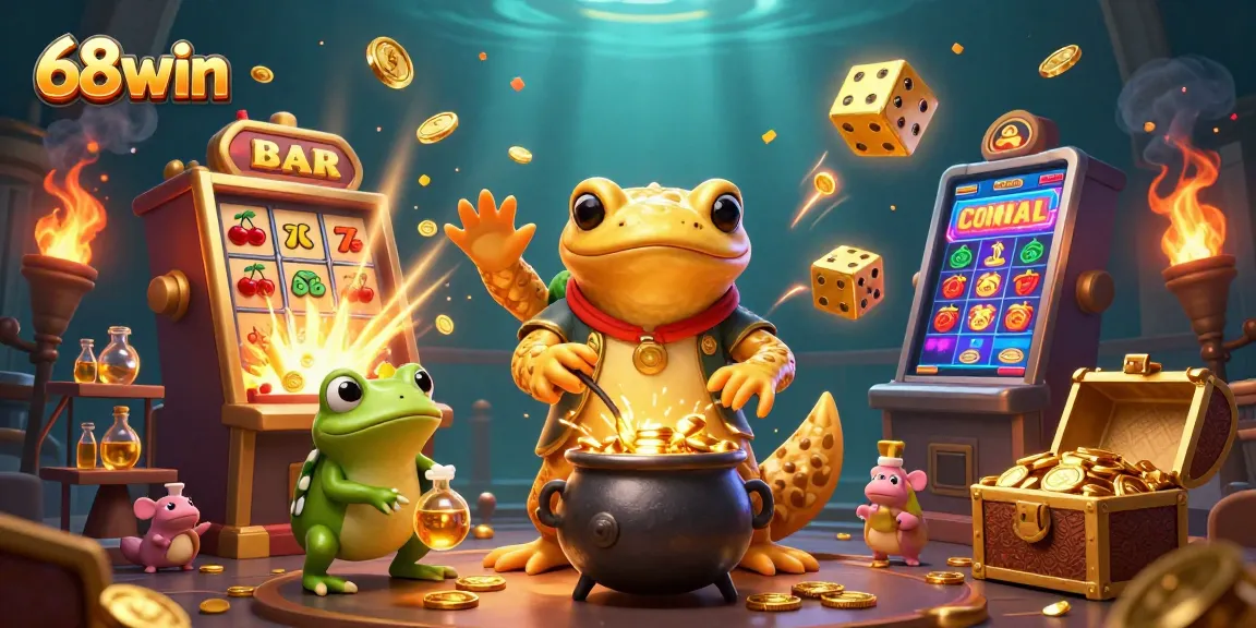 Experience the thrilling world of 68win as golden coins burst from a massive slot machine amidst magical alchemy!