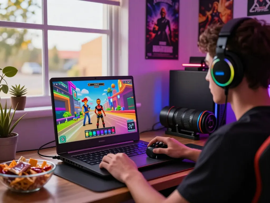 Engaged player enjoying a sex game on laptop with vibrant setup.