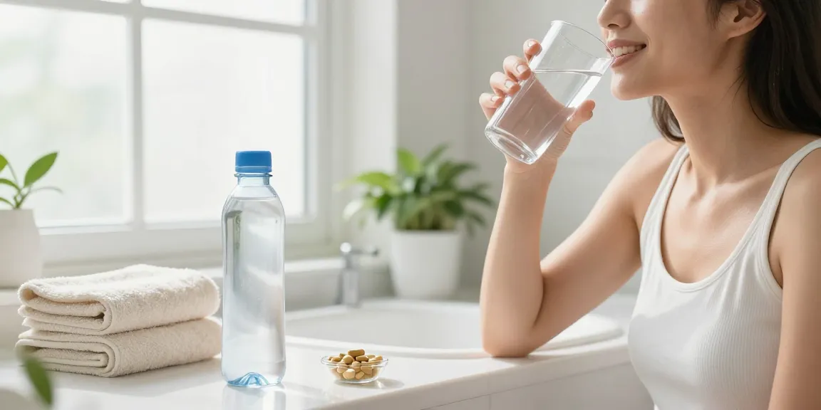 Prévenir la cystite au naturel avec une femme buvant de l'eau dans une salle de bain lumineuse, entourée d'éléments de bien-être.