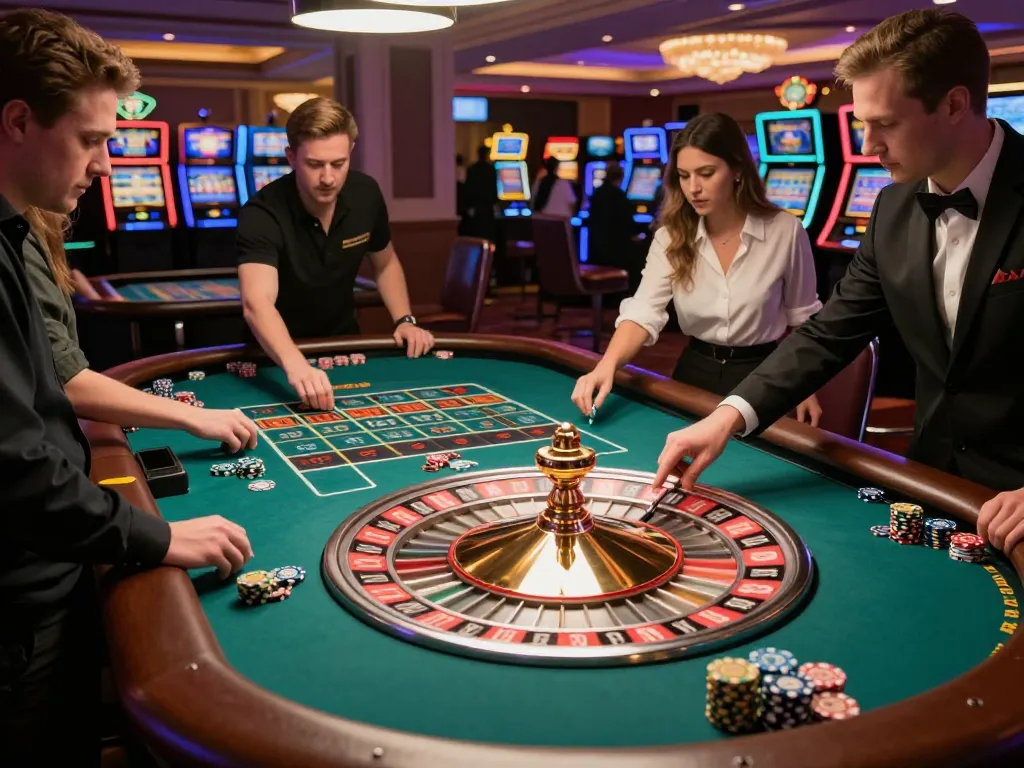 Players placing bets on a lively roulette table at DA88, capturing the excitement of the casino atmosphere.
