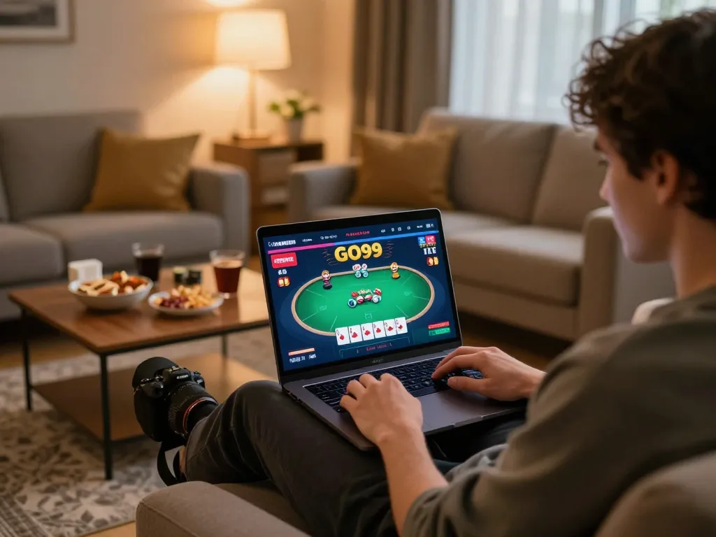 Player enjoying GO99 poker game on a laptop in a cozy living room, snacks and drinks nearby.