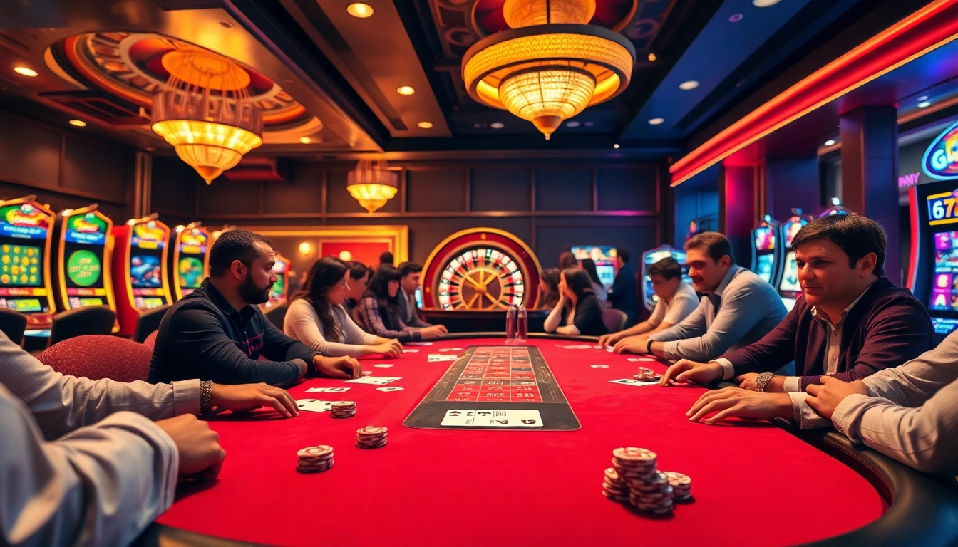 Players enjoying a vibrant U 888 casino experience with spinning roulette and poker tables.