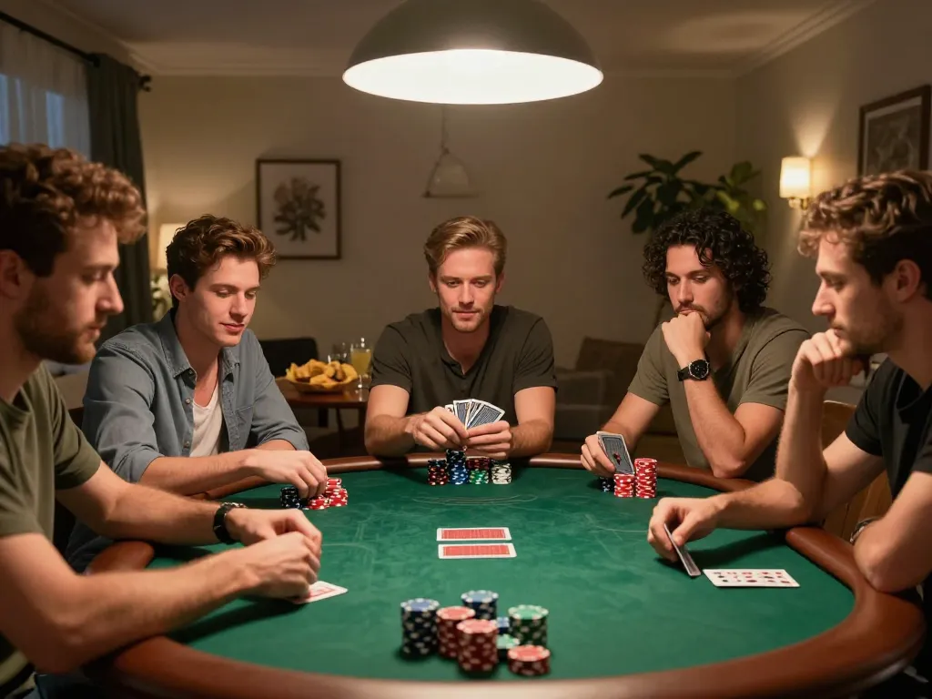 Friends engaged in poker strategy during a lively home game night at 789wincom.town.