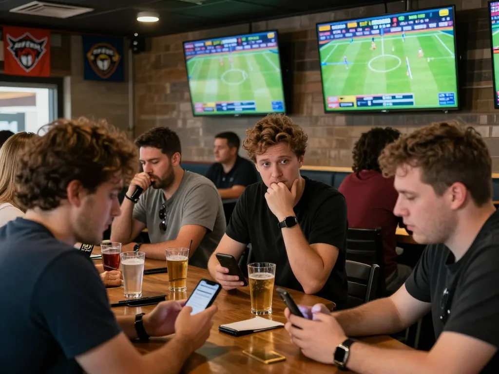 Engaging sports betting atmosphere at a bar with friends analyzing bets, using the platform tylekeonhacai88.