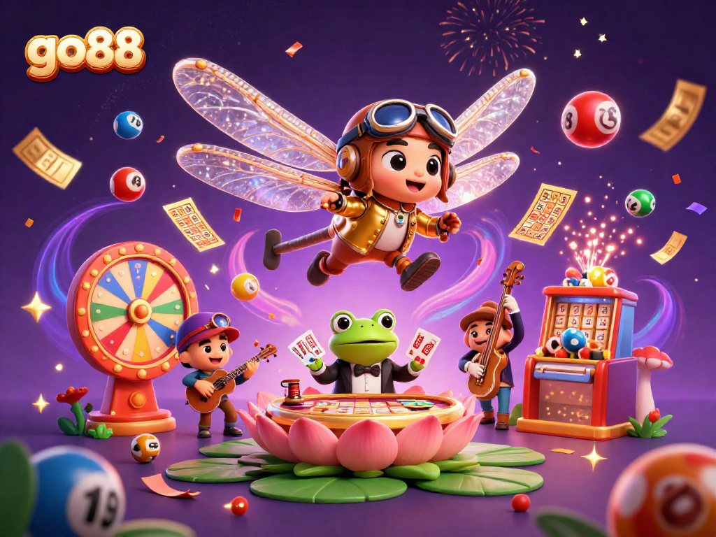 Play exciting games at go88 with a vibrant illustration of a helicopter pilot and casino elements.