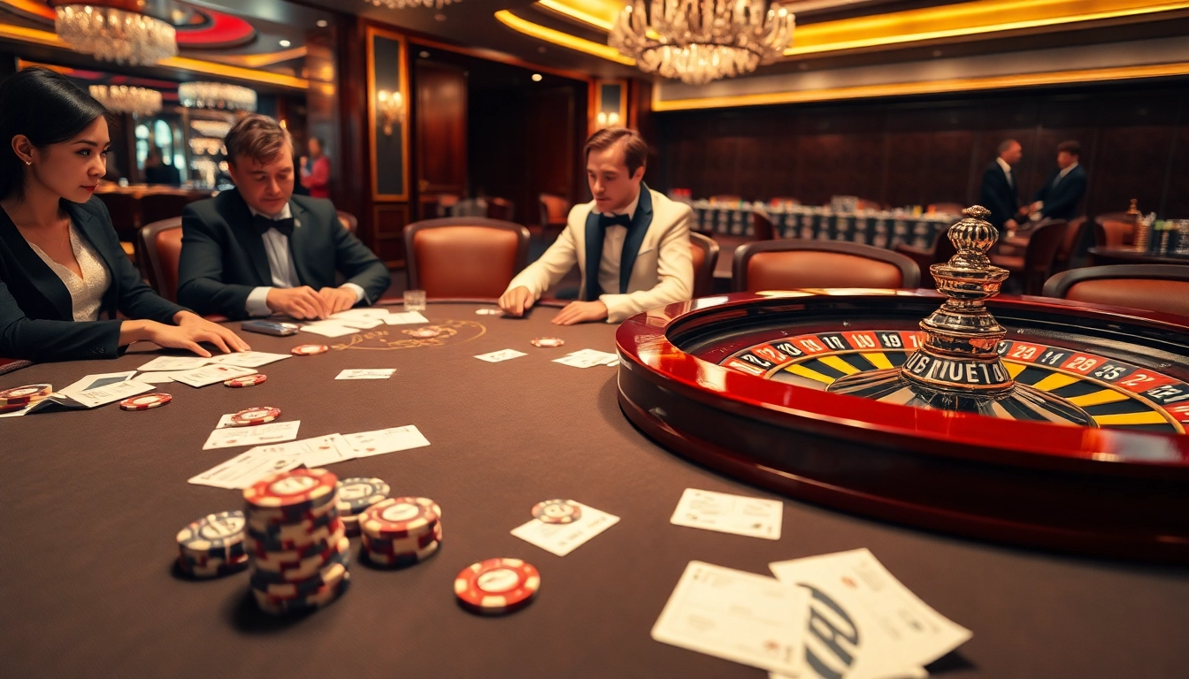 Experience the thrill of gaming at https://8kbet.ngo/ with a luxurious casino poker table surrounded by eager players.