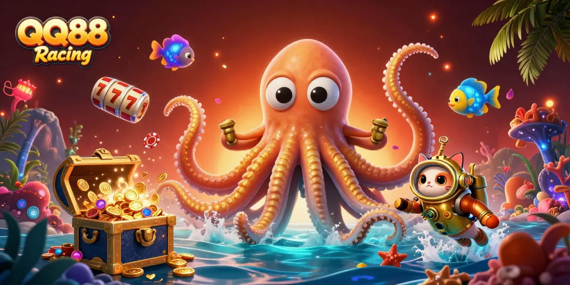 Experience the richness of QQ88 Racing with an exciting 3D illustration featuring a kraken, diving cat, and slot reels.