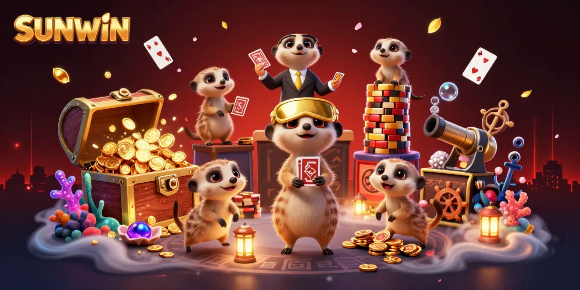 SUNWIN meerkat casino scene featuring dealers, a pit boss, and treasure elements for an immersive gambling experience.