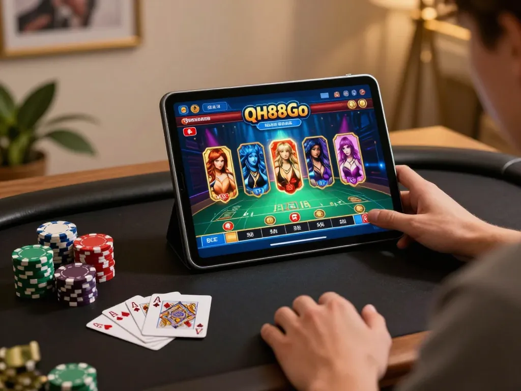 Engaging in QH88Go online gaming with vibrant game interface and engaging chips.