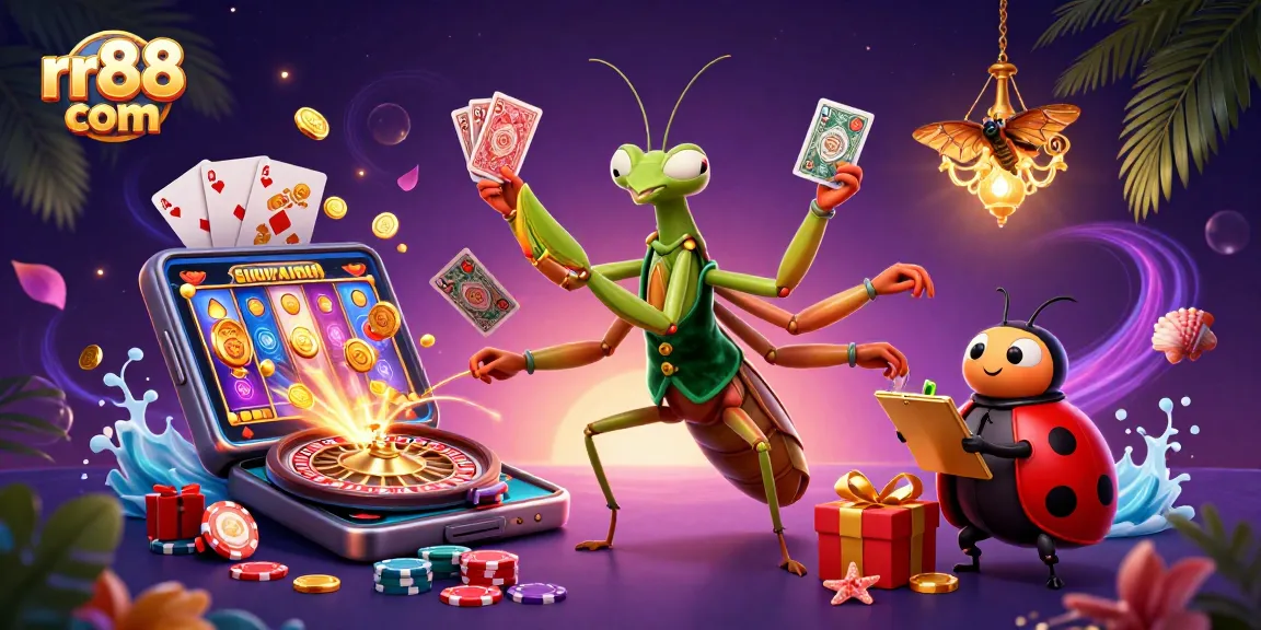 Engage with rr88 com as a vibrant casino scene featuring a mantis dealer and ladybug pit boss amidst slots and casino games.