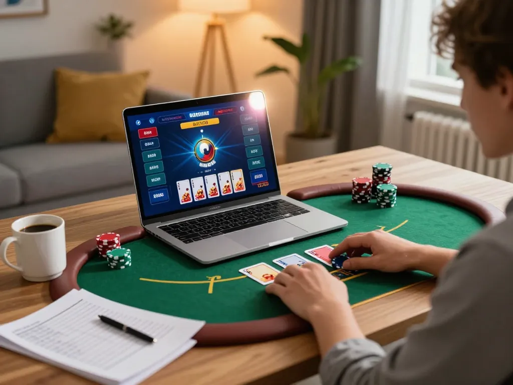 Player engaging in online poker gaming on laptop as part of their at-home gaming experience with XX88 strategy.