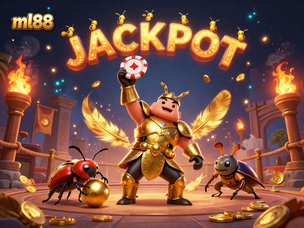 Experience the thrill of winning at ml88 while a heroic beetle celebrates a poker triumph in a vibrant casino.