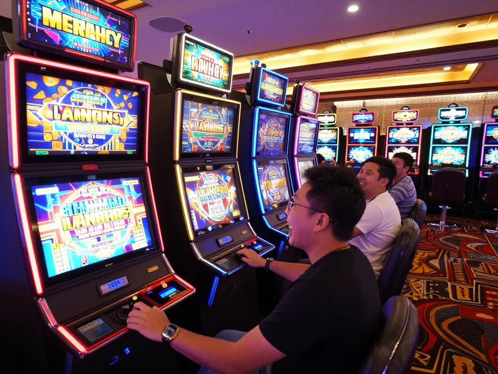 Engaged players enjoying Slot Malaysia action at vibrant casino slot machines surrounded by colorful lights.