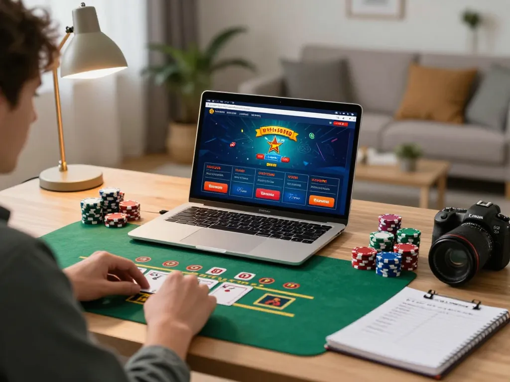 Player enjoying a game of blackjack online at home using MM88 tablet, surrounded by chips and strategy notes.