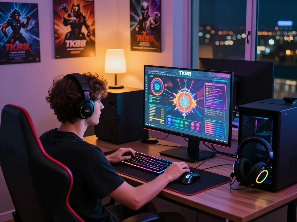 Engaging scene of a gamer using the TK88 platform in a vibrant gaming room with LED lights and peripherals.