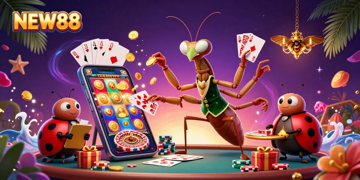Experience thrilling victories with NEW88 in this vibrant 3D casino scene showcasing lively gaming elements.