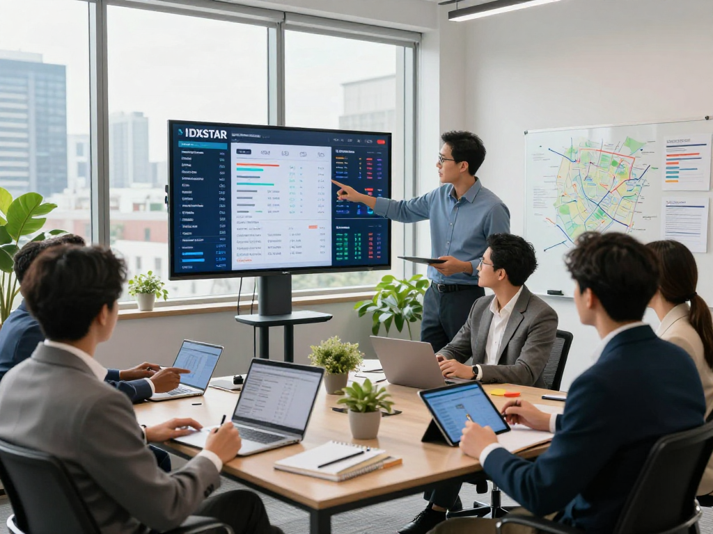IDXSTAR data visualization team collaboration in a modern real estate office setting.