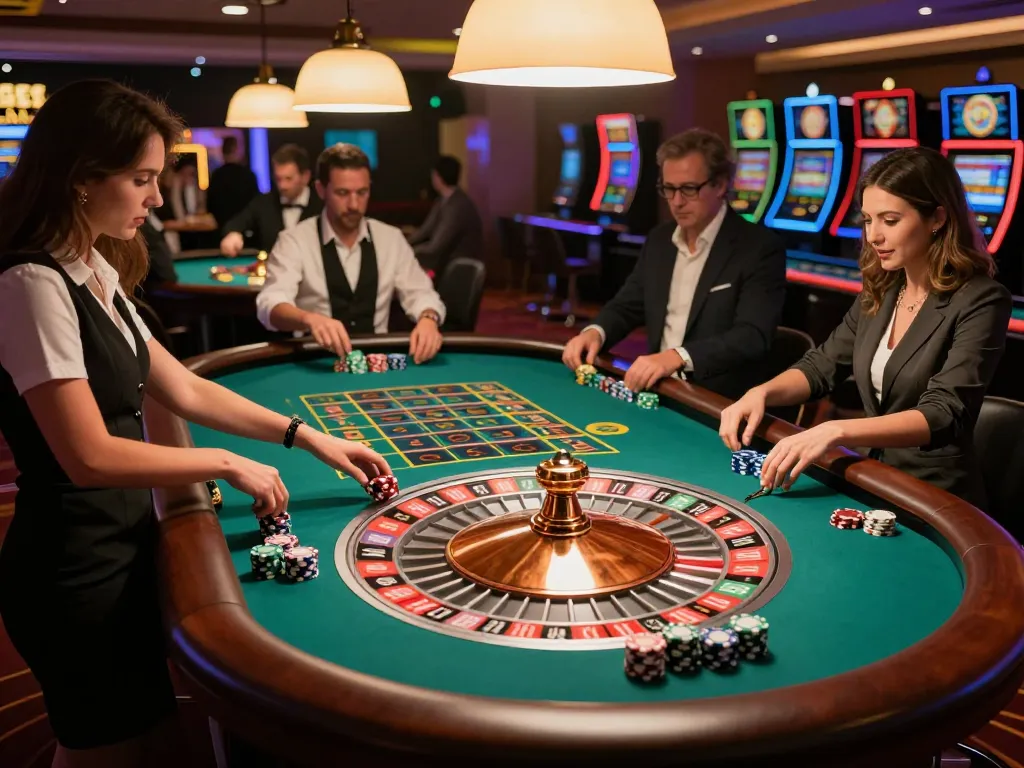 Players enjoy the excitement of a roulette game at the casino with du88 chips visible on the table.