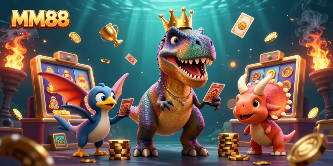 MM88 showcases an energetic casino scene with a T-Rex shuffling cards and a triceratops stacking chips.