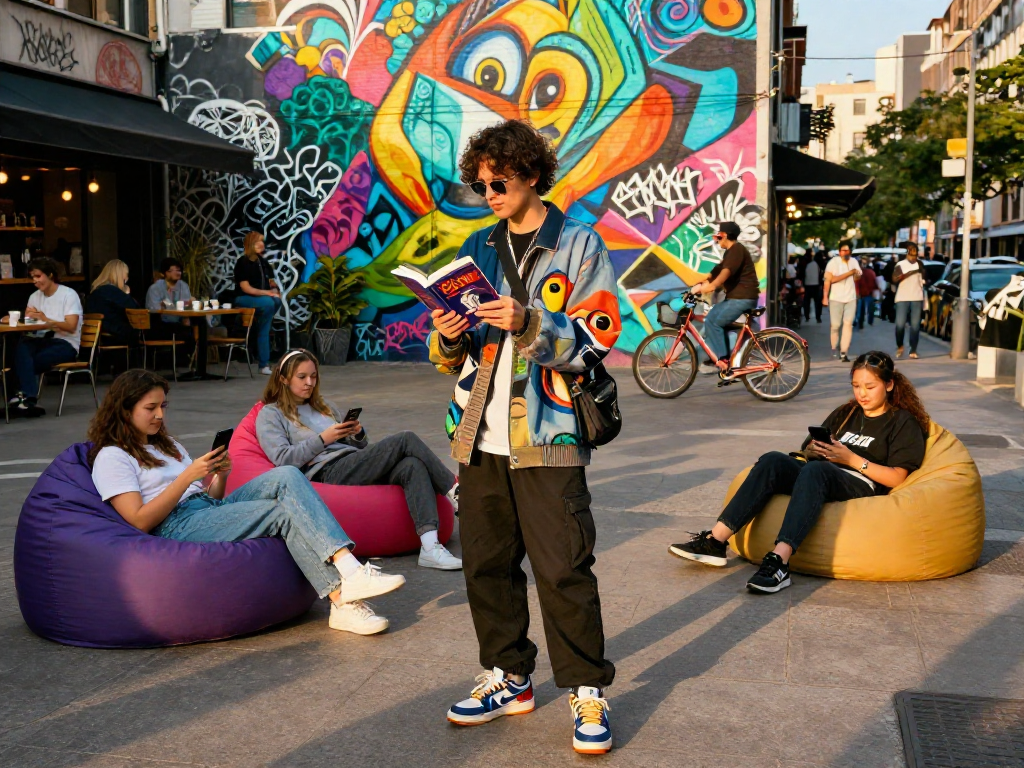 A stylish individual showcasing "ai slut" book in a lively urban scene with friends and murals.