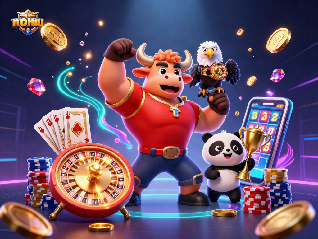 Nohu players celebrating with a bull, eagle, and panda in a vibrant casino scene filled with jewels and gold.