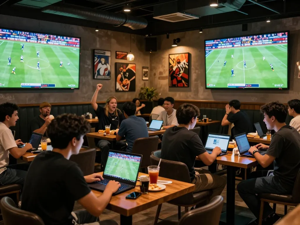 Tỷ lệ kèo nhà cái hôm nay in action at a lively sports bar with fans engaged in betting