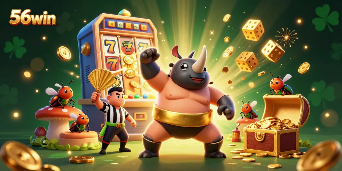 Experience thrilling wins with 56win as a rhinoceros beetle champion stomps coins in a vibrant casino!