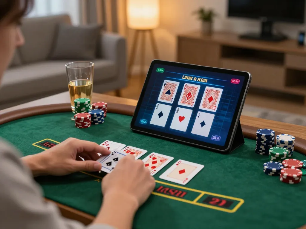 Engaging in an exciting kubet77 live dealer blackjack game on a tablet in a stylish home