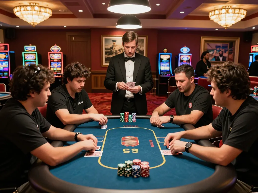 Players strategizing at a Texas Hold'em table in a five88 casino room, creating a thrilling atmosphere.