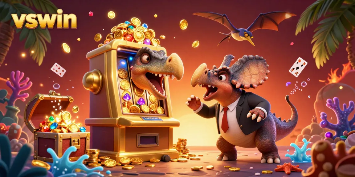 Experience thrilling wins at vswin as a pachycephalosaurus activates a jackpot in a vibrant casino scene.