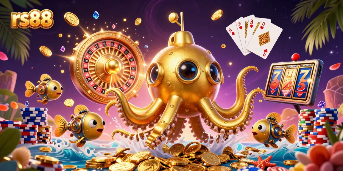 Experience thrilling gameplay with rs88, a vibrant 3D kraken submarine scene filled with golden coins and casino elements.