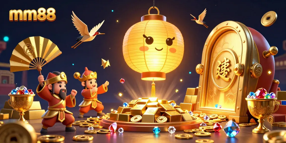 Experience the excitement of mm88 with a vibrant 3D illustration showcasing a golden lantern spirit amidst dynamic casino elements.