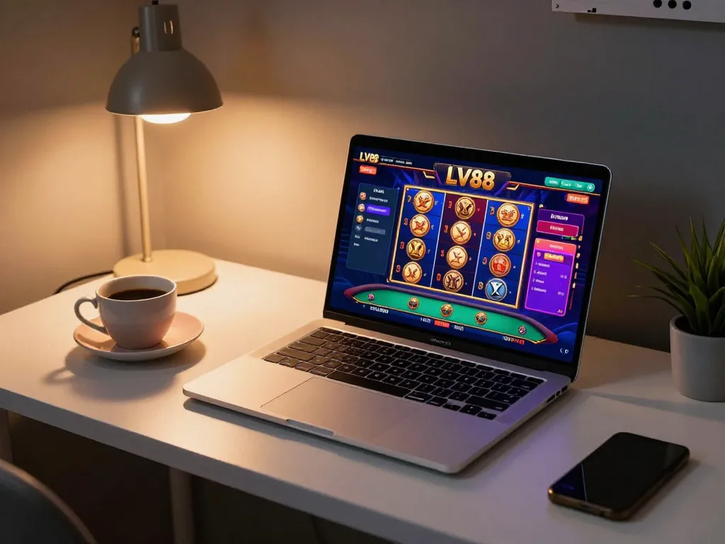 Experience engaging online gaming at LV88 with a laptop displaying casino games.