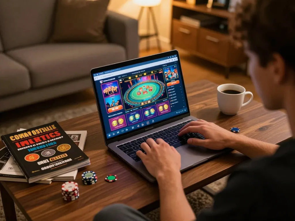 Person engaging in online gambling on a laptop showcasing lsa platform, surrounded by gaming strategy notes, creating a cozy and responsible gaming atmosphere