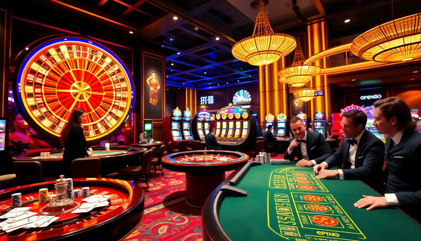 Experience the thrill of betting at open88 with vibrant casino tables and excited players.