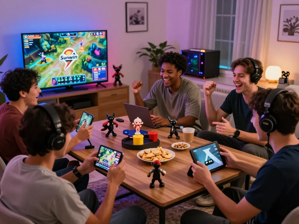 Exciting atmosphere of players downloading tải sunwin on multiple devices, showcasing a lively home gaming experience.