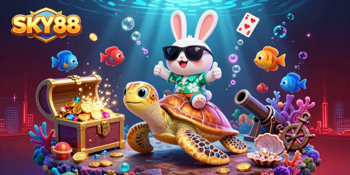 Join the adventure with SKY88, a vibrant scene of luck and fortune embodied by a rabbit and turtle in a casino ocean.