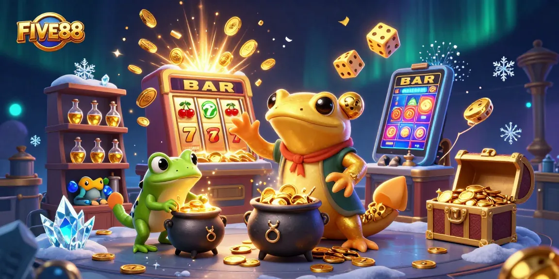 Experience a whimsical FIVE88 world with a golden salamander and casino elements bursting with excitement.