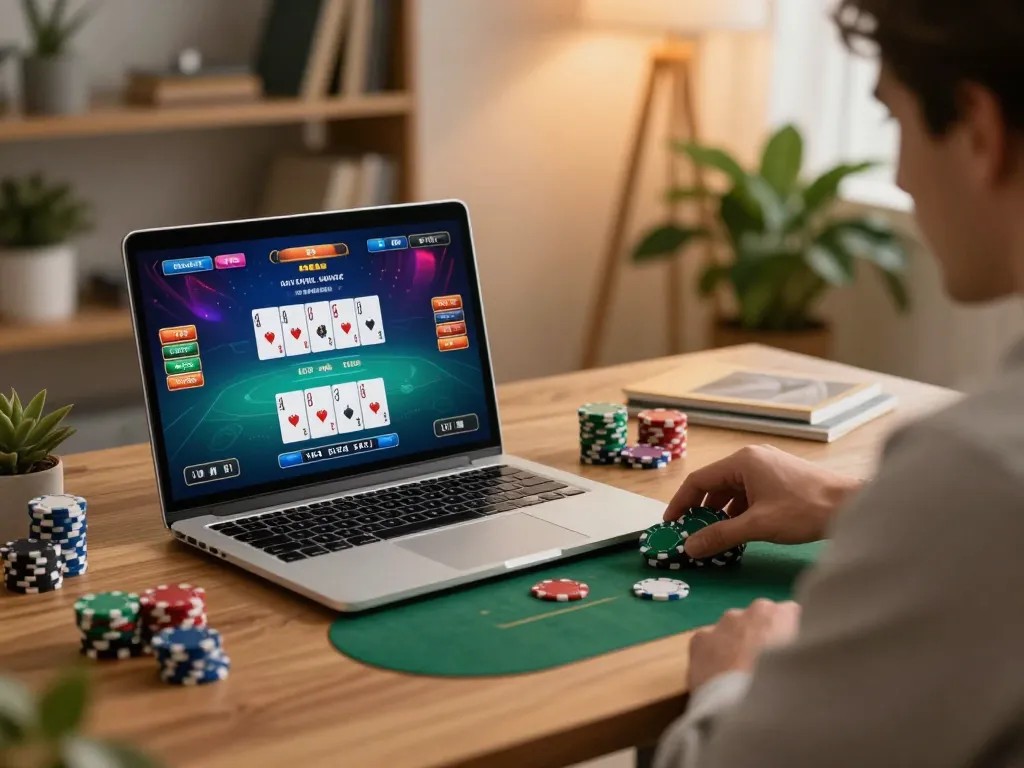 Playing poker on a laptop at home, showcasing the engaging atmosphere of lu88yy online gaming