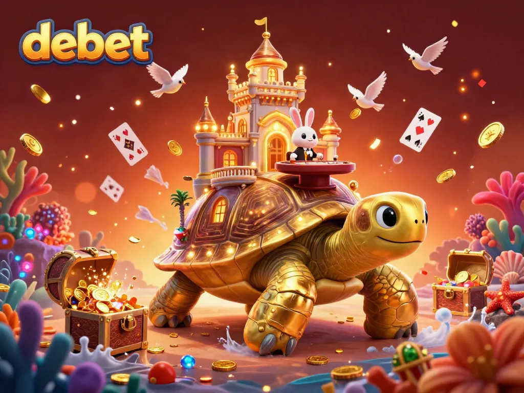 Experience the thrill of debet with a vibrant 3D casino scene featuring a golden tortoise and a rabbit dealer.