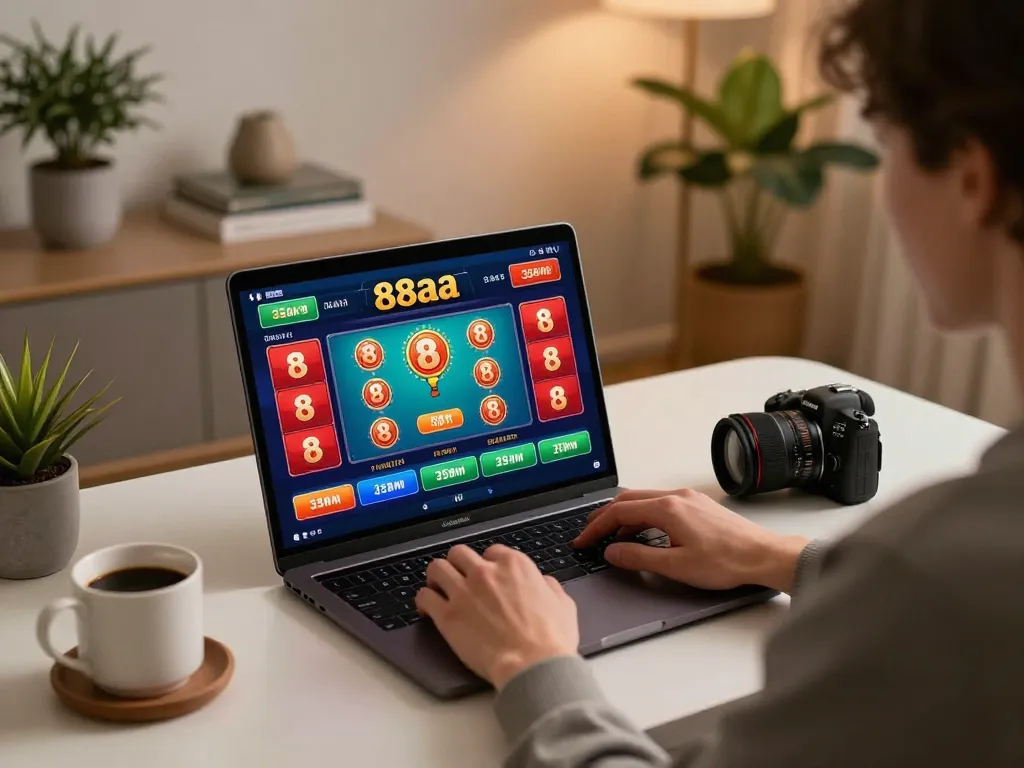 Player enjoying 88aa online casino gaming on laptop with dynamic setup