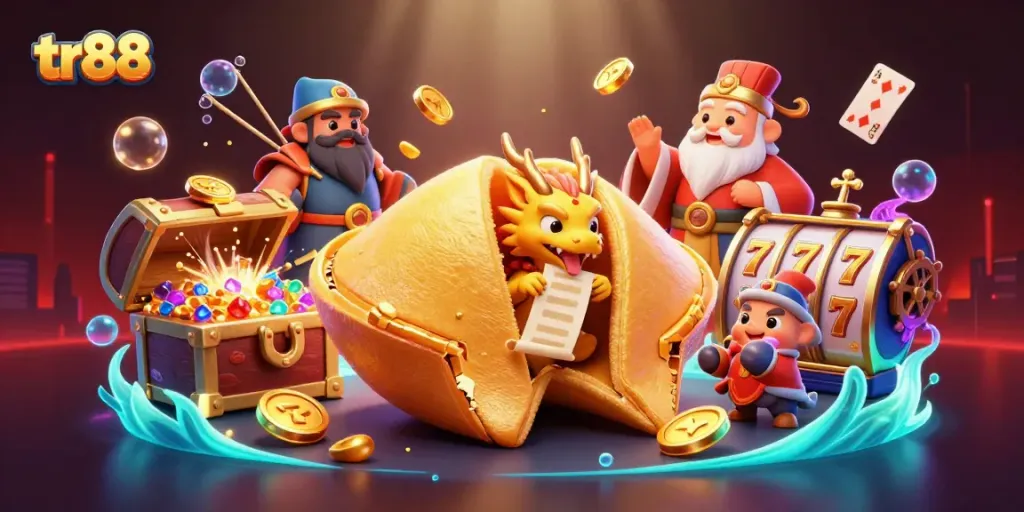 Engage with tr88's vibrant casino scene featuring a golden fortune cookie and adventures of luck.