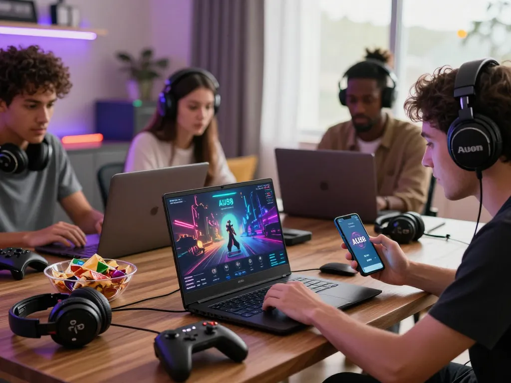 Players enjoying the AU88 gaming platform with vibrant graphics and modern accessories in a dynamic atmosphere.