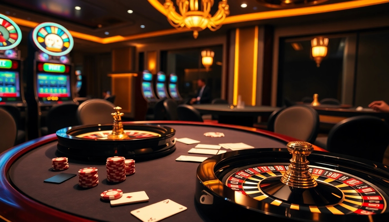 Engage in thrilling gambling action at jbo.com with poker chips, cards, and a luxurious casino atmosphere.