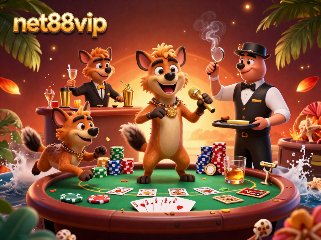 Engage with net88vip's comedy casino scene featuring hyenas at a poker table and lively entertainment.