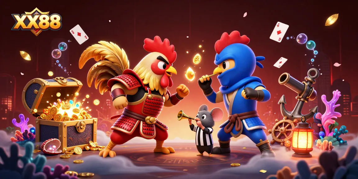 Bet on exciting matches with XX88's fighting roosters as they clash in a vibrant digital arena.