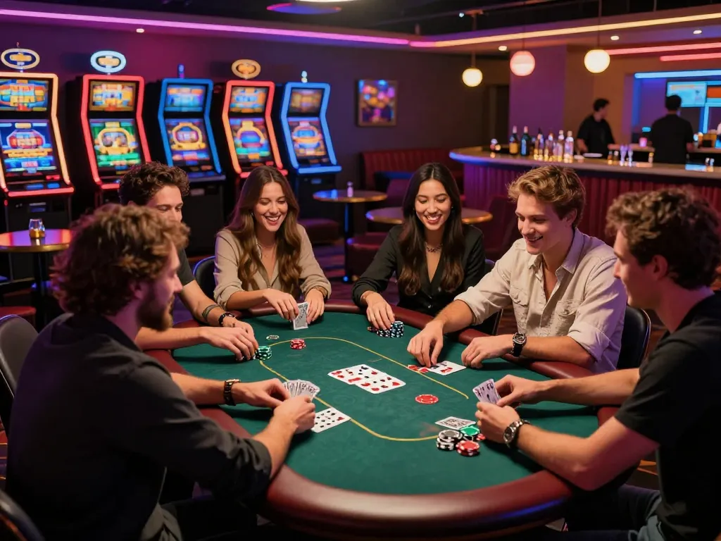Friends enjoying a lively game of poker at the rikbet gaming lounge, showcasing vibrant atmosphere and excitement.