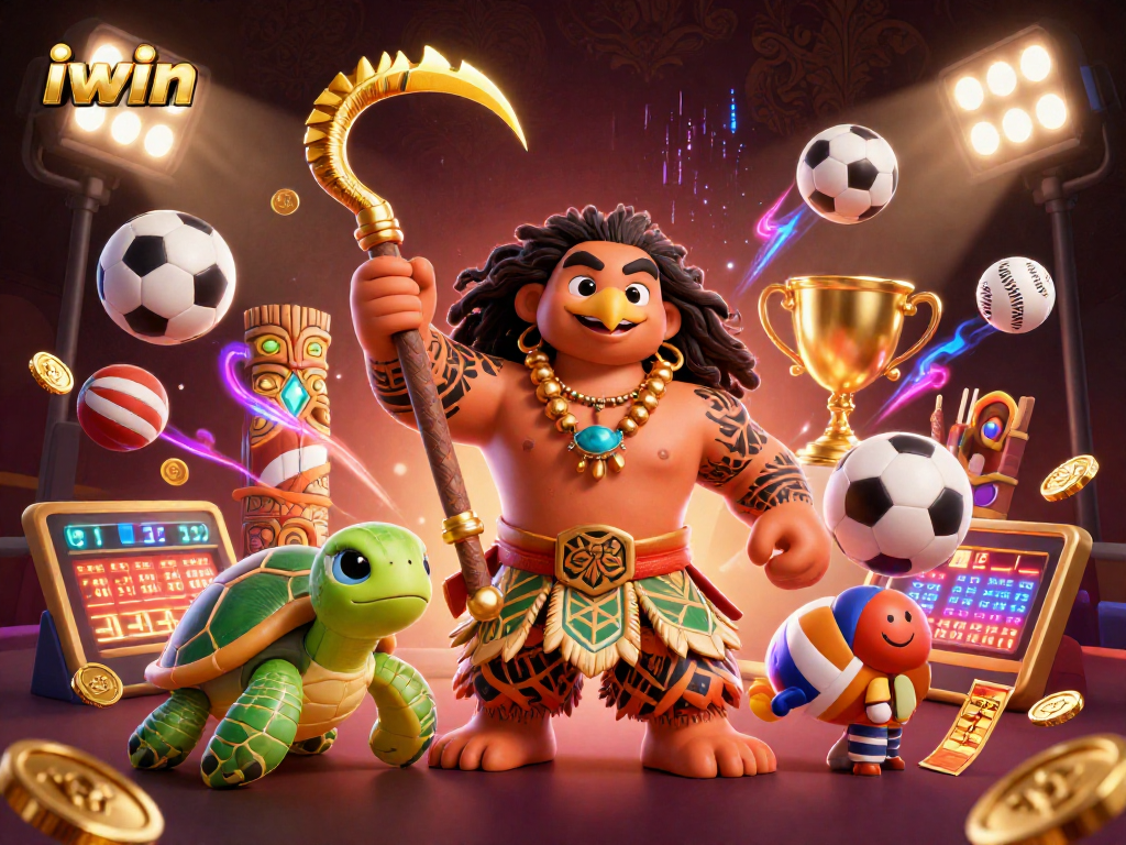 iwin casino illustration featuring a Polynesian demigod and turtle with vibrant sports elements