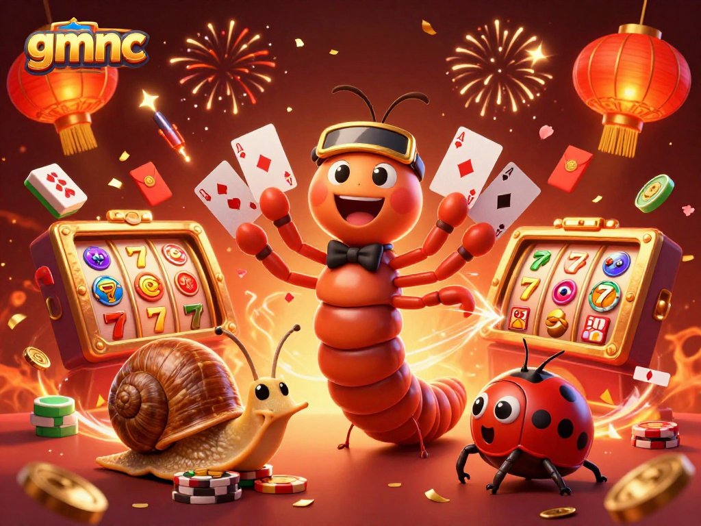 Experience gaming excitement with gmnc as a cartoon millipede dealer showcases vibrant slots.