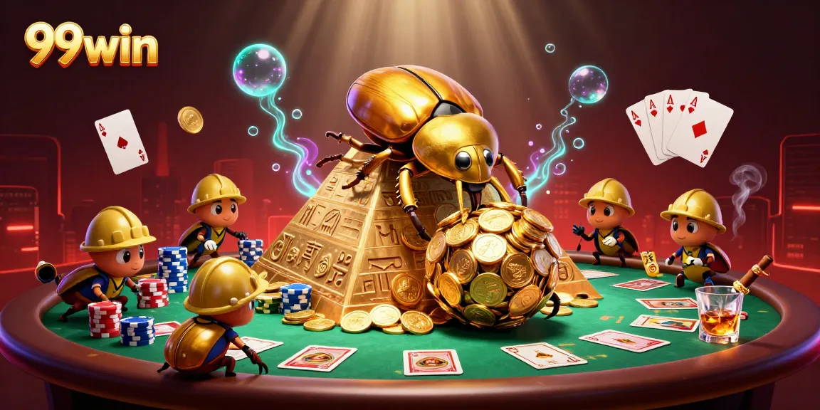 Engage with 99win inspired poker action featuring dynamic characters amidst golden coins.